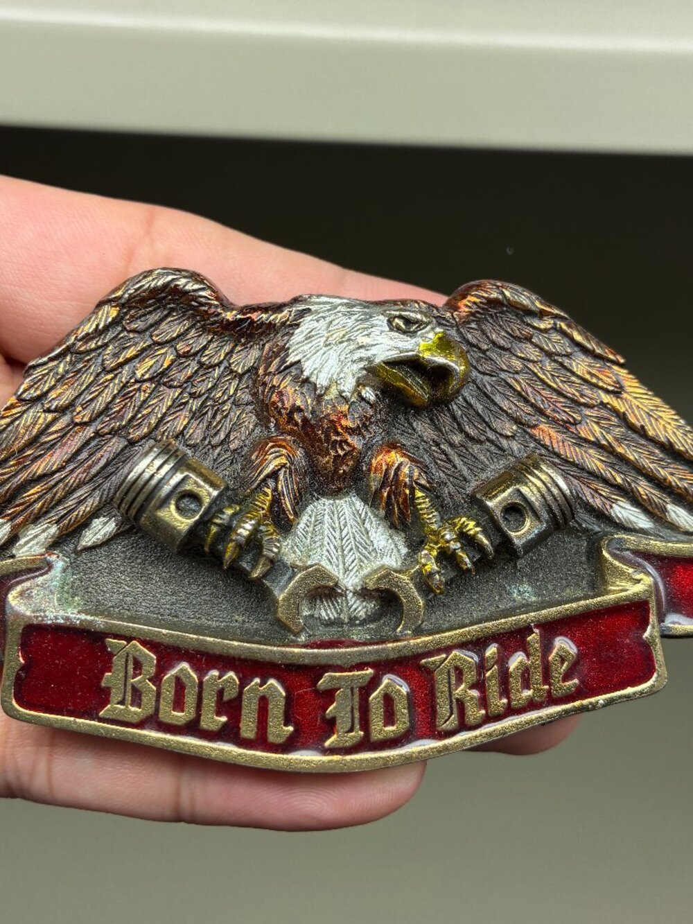 Vintage 1992 Born to Ride Eagle Belt Buckle V-Twin Engine Pistons Pewter Biker